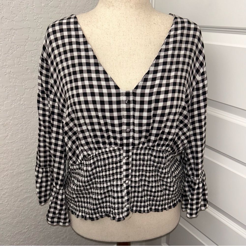C Est. 1946 Gingham Print Smocked Faux Button Front Blouse Shirt Top